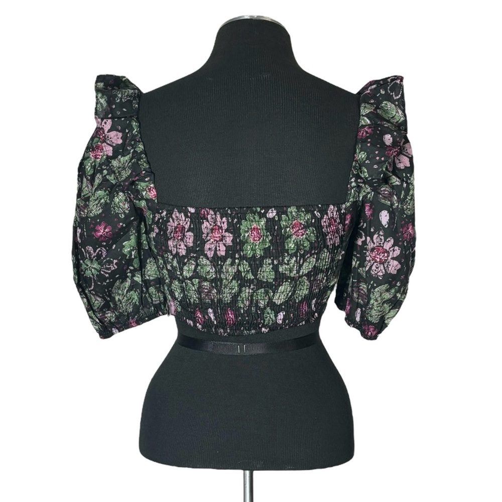 Zara – Floral Puff Sleeve Square Neck Cotton Blend Crop Top - Extra Small XS - Picture 6 of 9